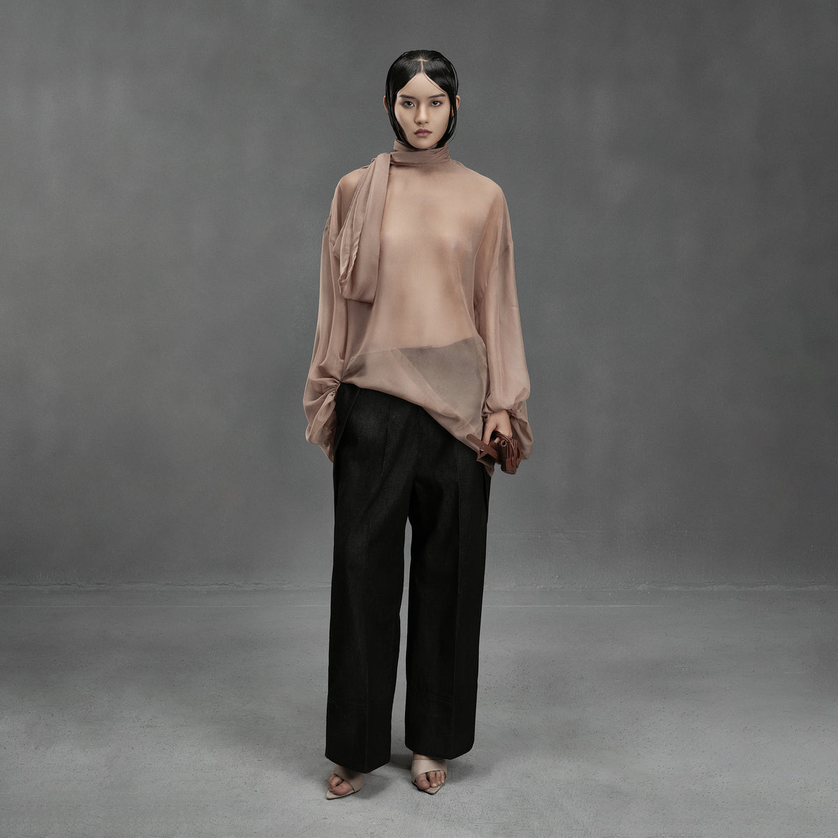 SHRIMP STRAIGHT SCARF NECK CHIFFON TOP